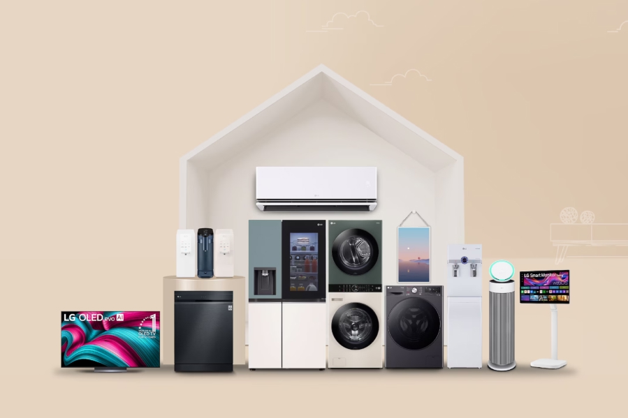 ชุดเครื่องใช้ไฟฟ้า LG สำหรับบ้าน ทั้งทีวี แอร์ ตู้เย็น เครื่องซักผ้า เครื่องอบผ้า เครื่องกรองน้ำ และจออัจฉริยะ