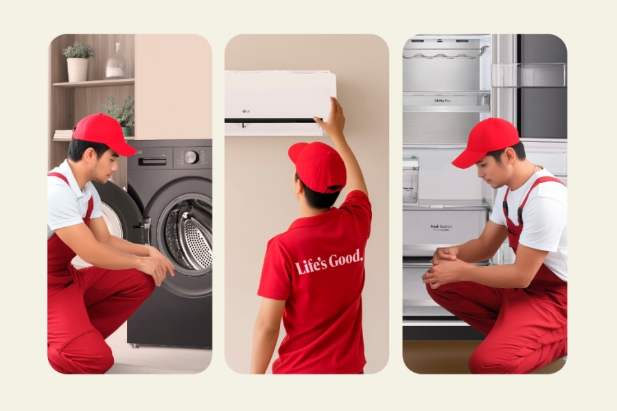 ทีมบริการ LG กำลังดูแลเครื่องซักผ้า แอร์ และตู้เย็นที่บ้านลูกค้า