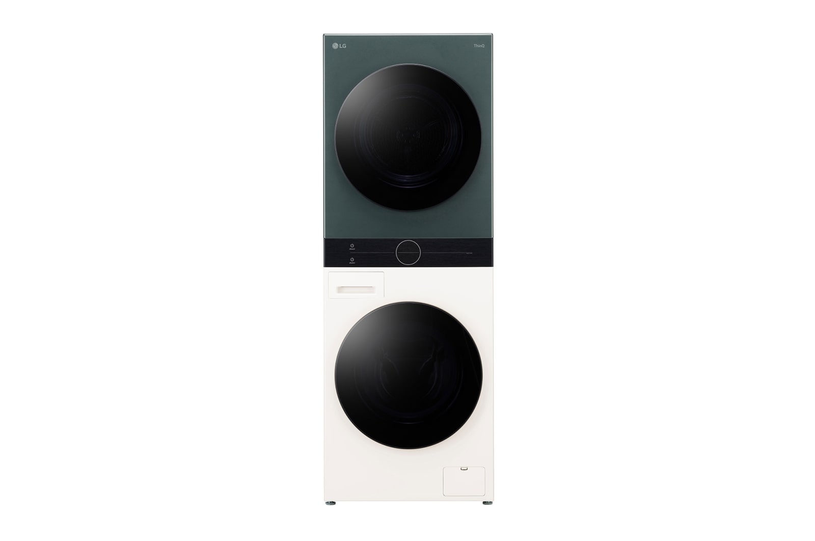 LG WashTower WT1410NHEG ด้านข้างมุมเฉียงแสดงประตูฝาหน้าทั้งเครื่องซักและอบ