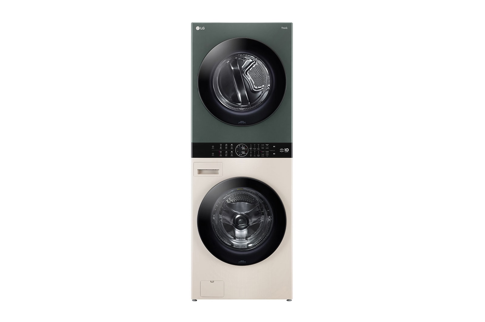 LG WashTower WT2116SHEG ด้านข้างมุมเฉียงแสดงประตูฝาหน้าทั้งเครื่องซักและอบ