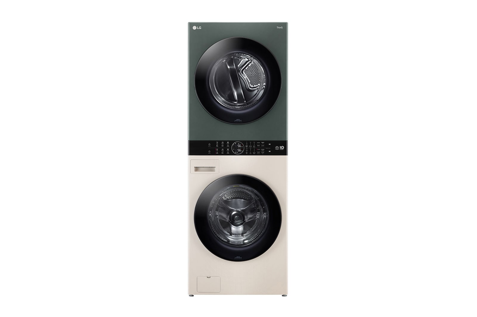 LG WashTower WT2520NHEG ด้านข้างมุมเฉียงแสดงประตูฝาหน้าทั้งเครื่องซักและอบ